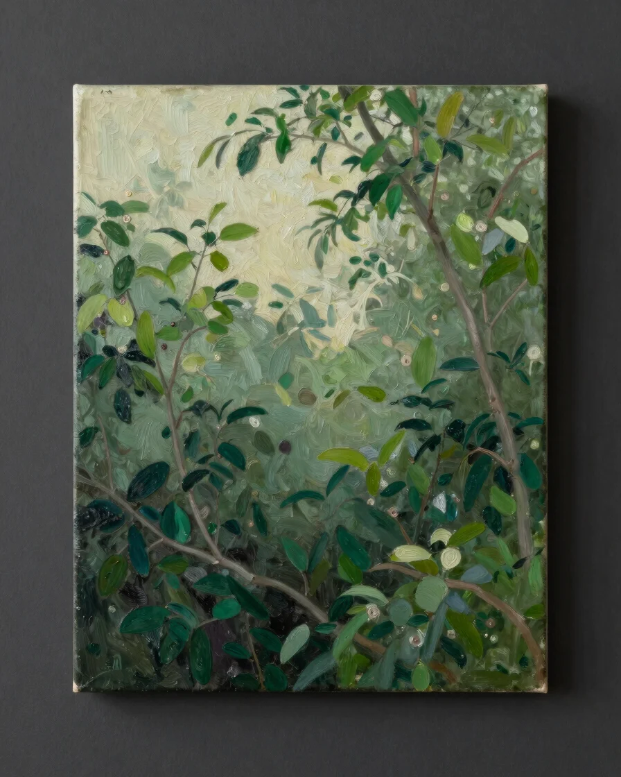 Fine-art photography of a complete oil painting on a dark charcoal wall, soft controlled daylight from the left, deep ch