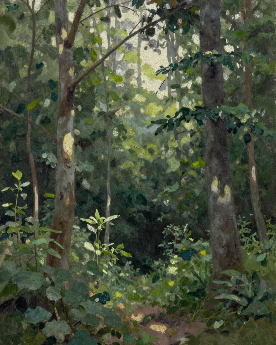 Pintura al óleo de atmósfera nocturna con verde bosque y marfil,