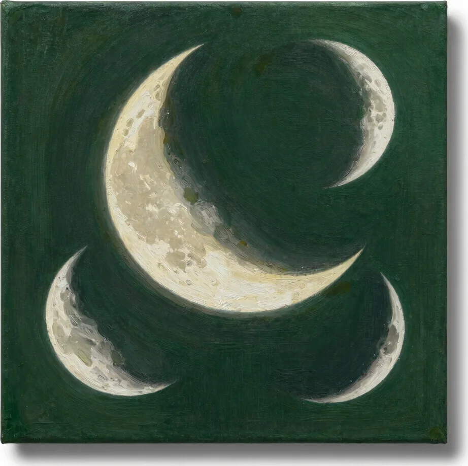 Full painting of a lunar phase series on linen, forest-green back