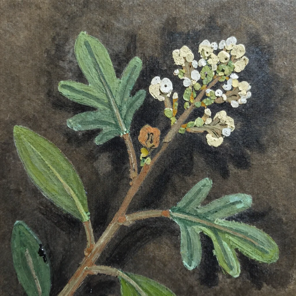 Close-up of botanical branch symbols painted with thin glazes on