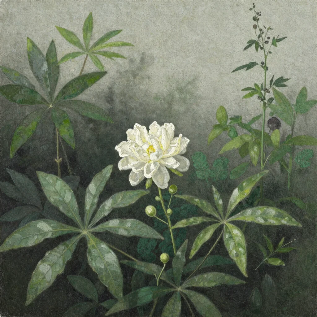 Full painting of a nocturnal botanical scene, charcoal and forest
